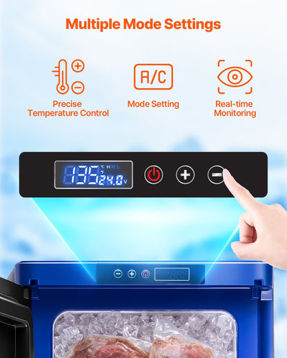 Control panel with digital display and buttons for temperature control, mode setting, and real-time monitoring on a blue background.