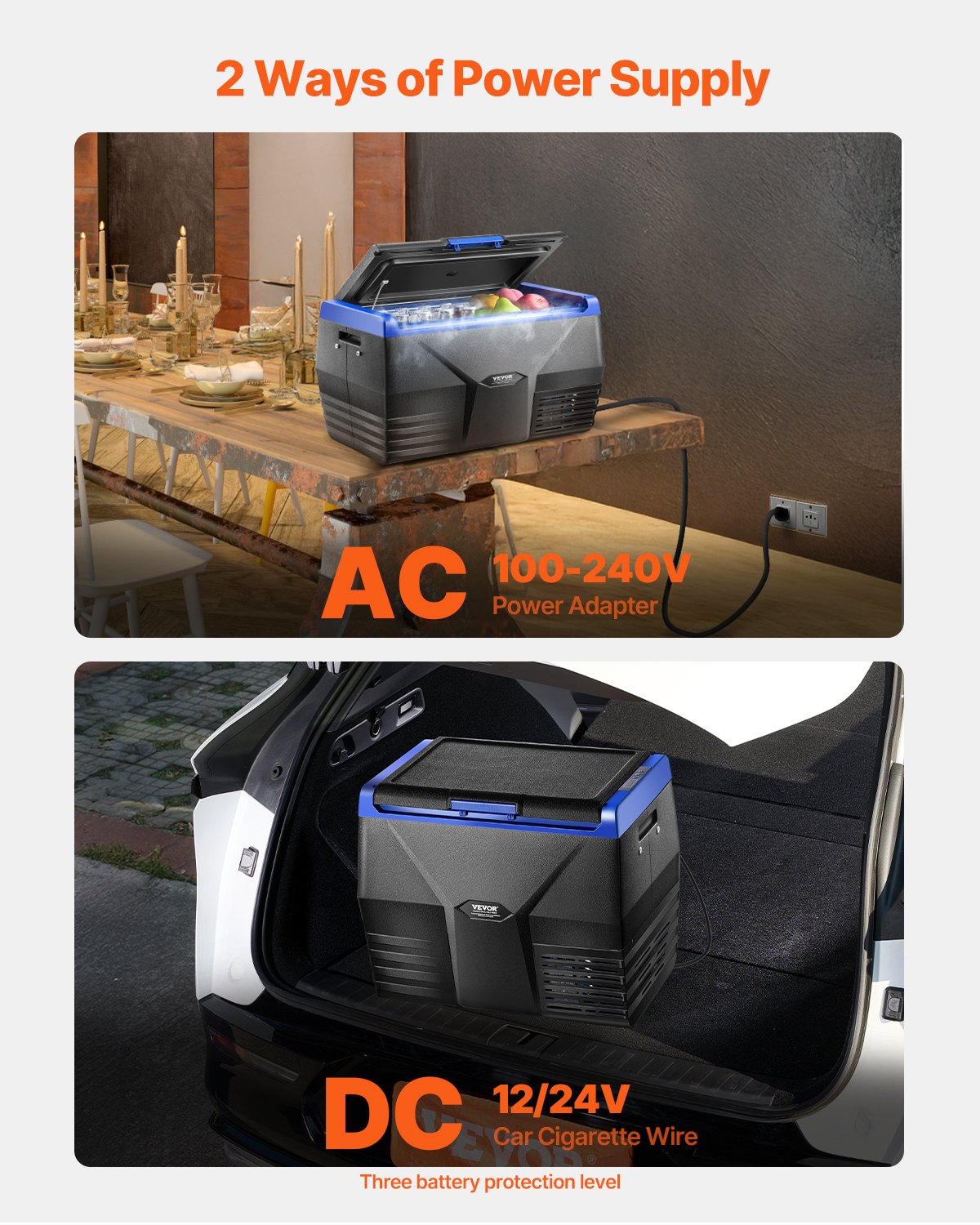 Portable power station with AC and DC power supply options displayed on a white background.
