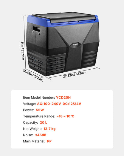 Portable refrigerator with dimensions and specifications displayed on a white background