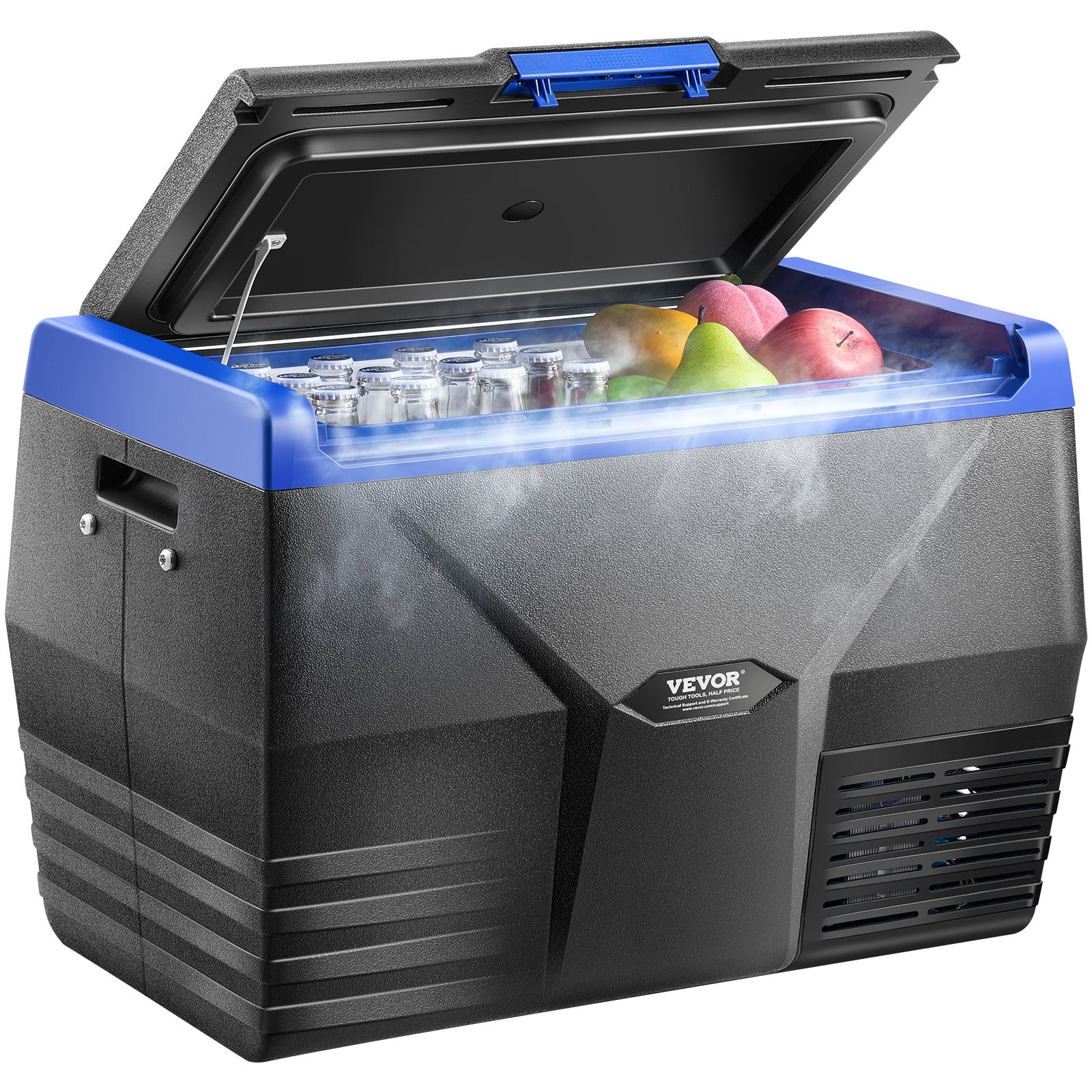 Black and blue Vevor portable cooler with food items inside on a white background