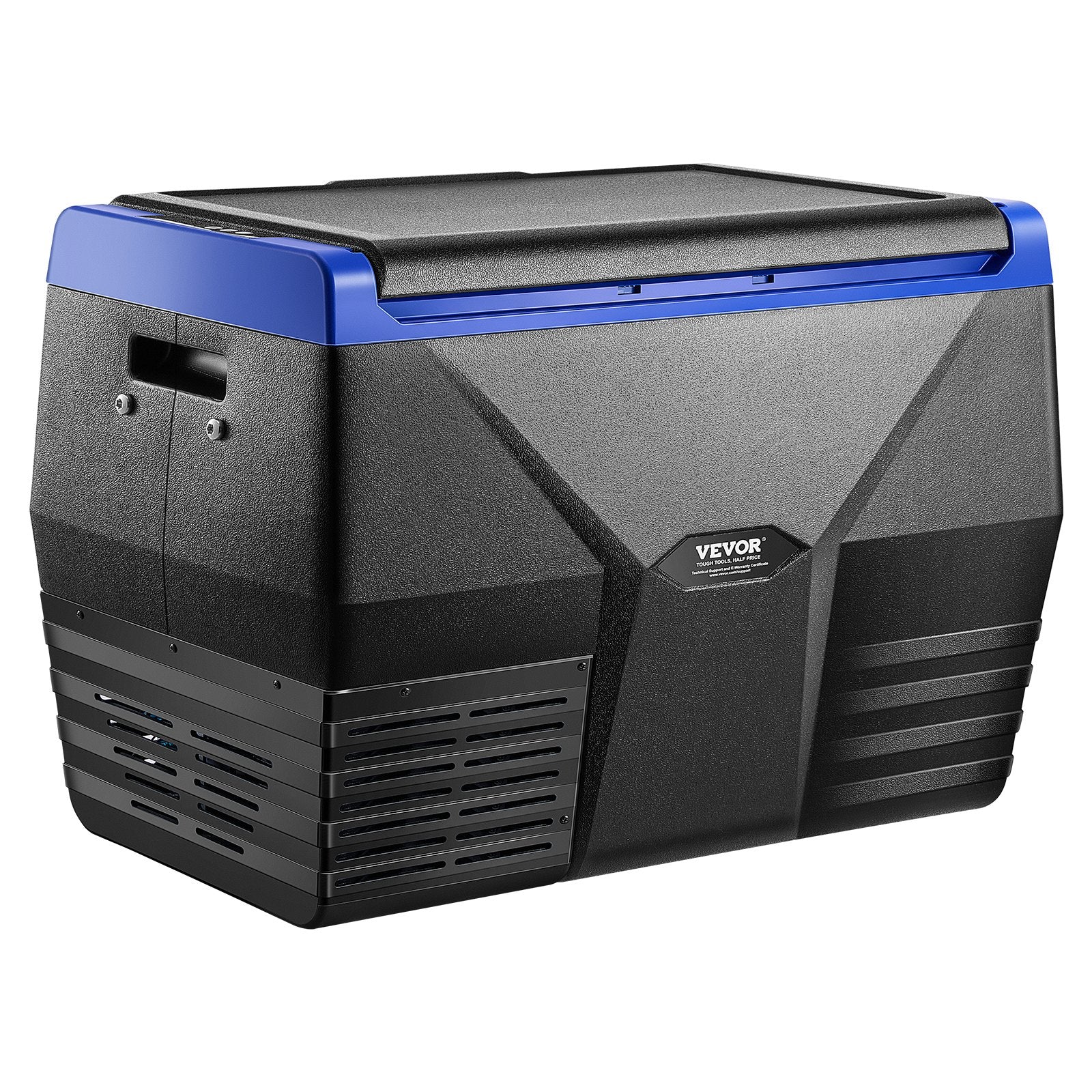 Black and blue Vevor cooler box on a white background