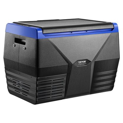 Black and blue Vevor cooler box on a white background