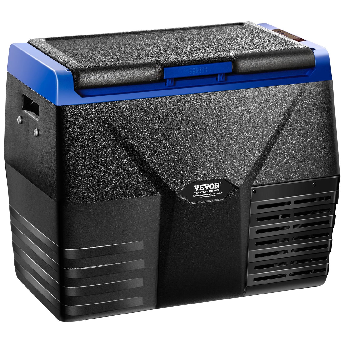 Black and blue Vevor portable cooler on a white background