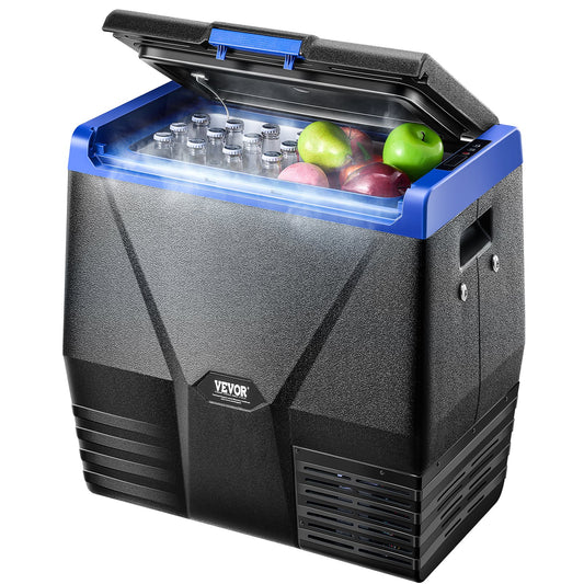 Portable refrigerator with open door showing drinks and apples on a white background