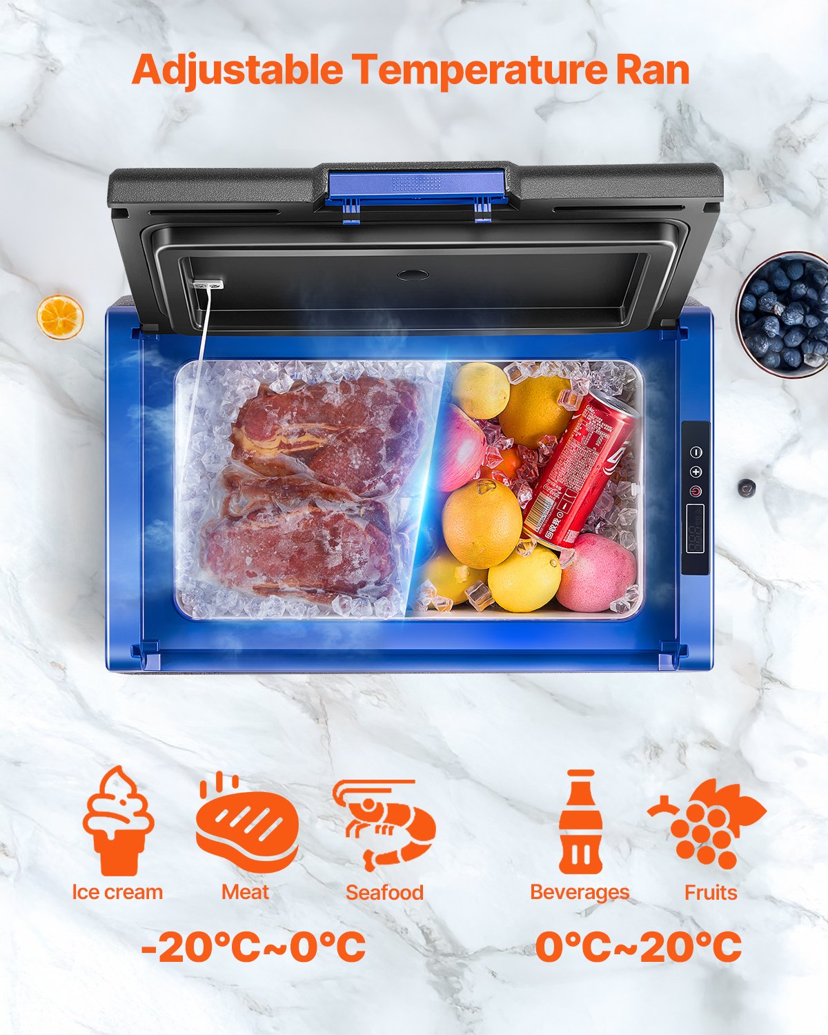 Portable refrigerator with food items inside on a white marble background