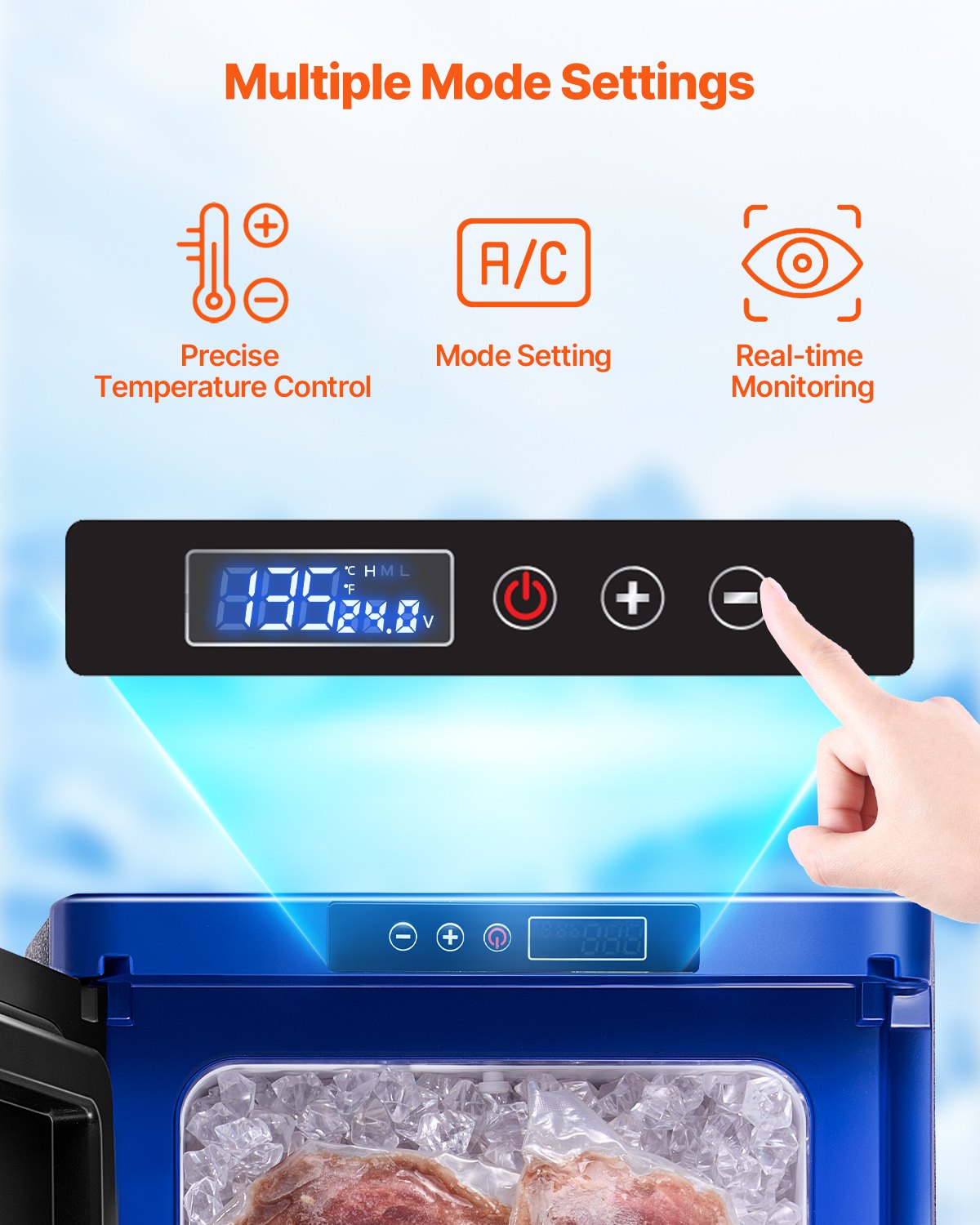 Control panel with digital display and buttons for temperature control, mode setting, and real-time monitoring on a blue background.