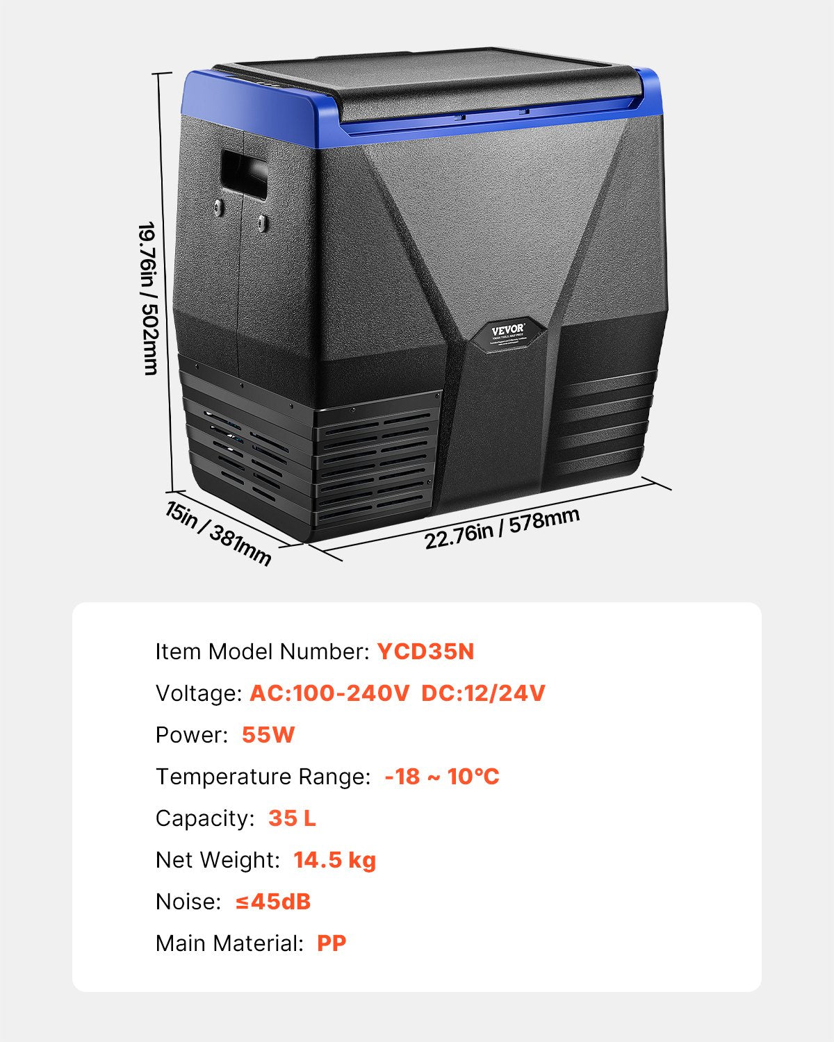 Portable refrigerator with dimensions and specifications displayed on a white background