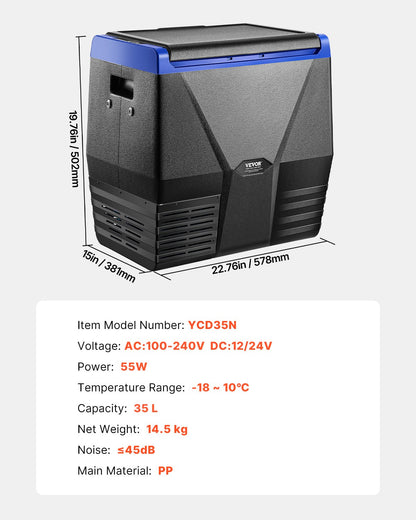 Portable refrigerator with dimensions and specifications displayed on a white background
