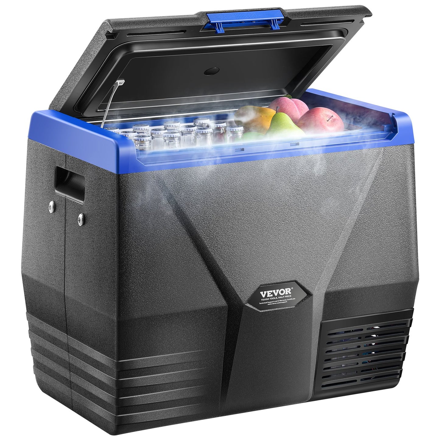 Black and blue VEVOR portable cooler with food items inside on a white background