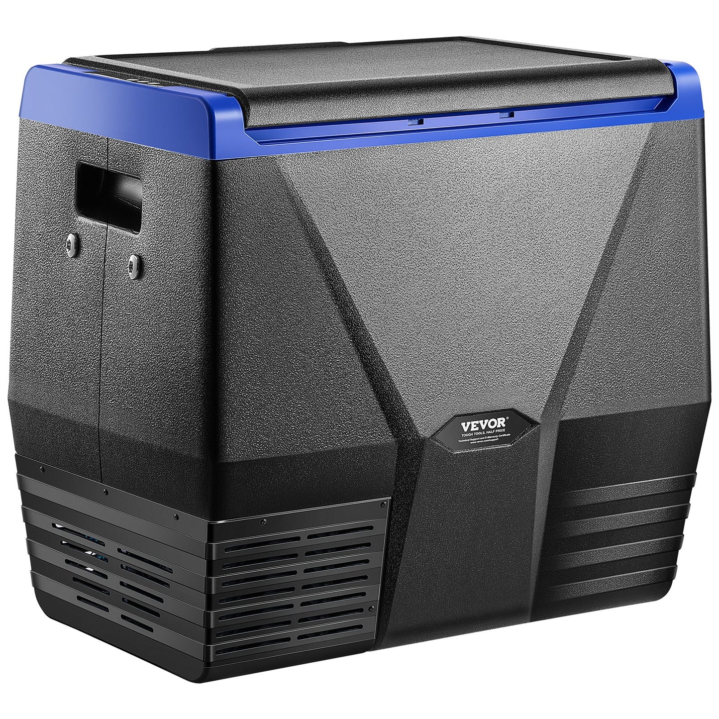 Gray and blue Vevor portable power station on a white background