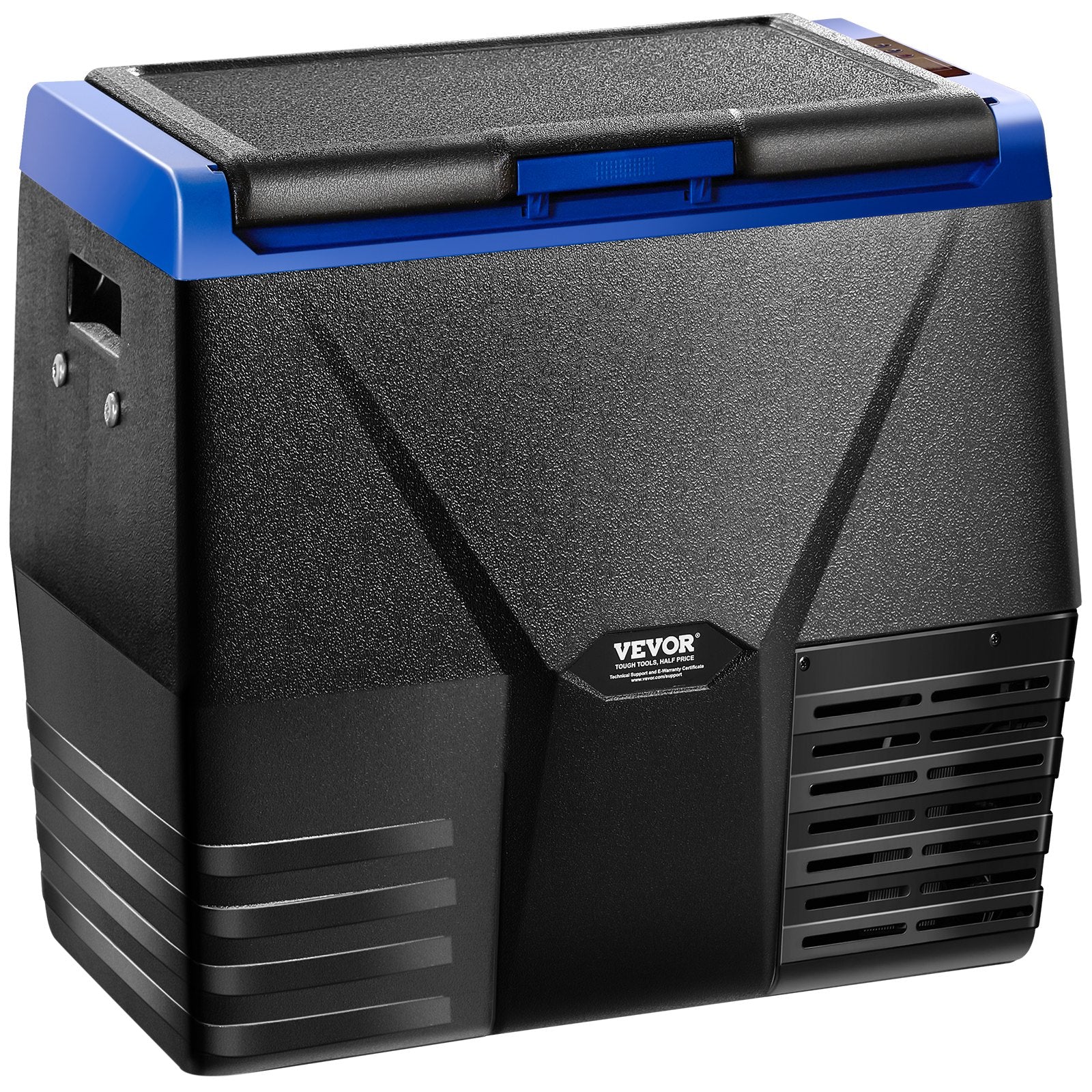Black and blue Vevor cooler box on a white background