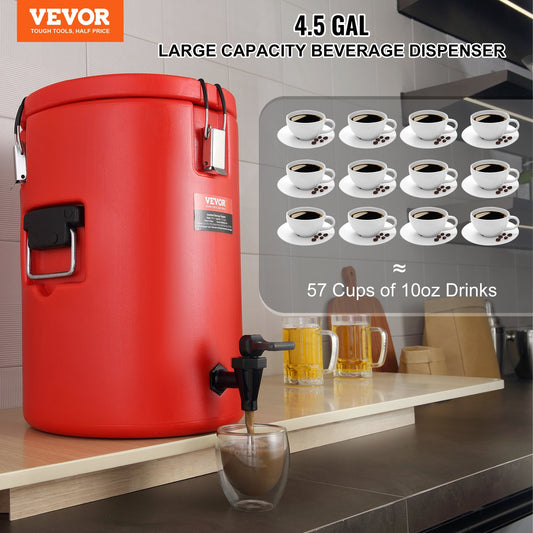 Red VEVOR beverage dispenser on a kitchen counter with coffee cups and glasses displayed.