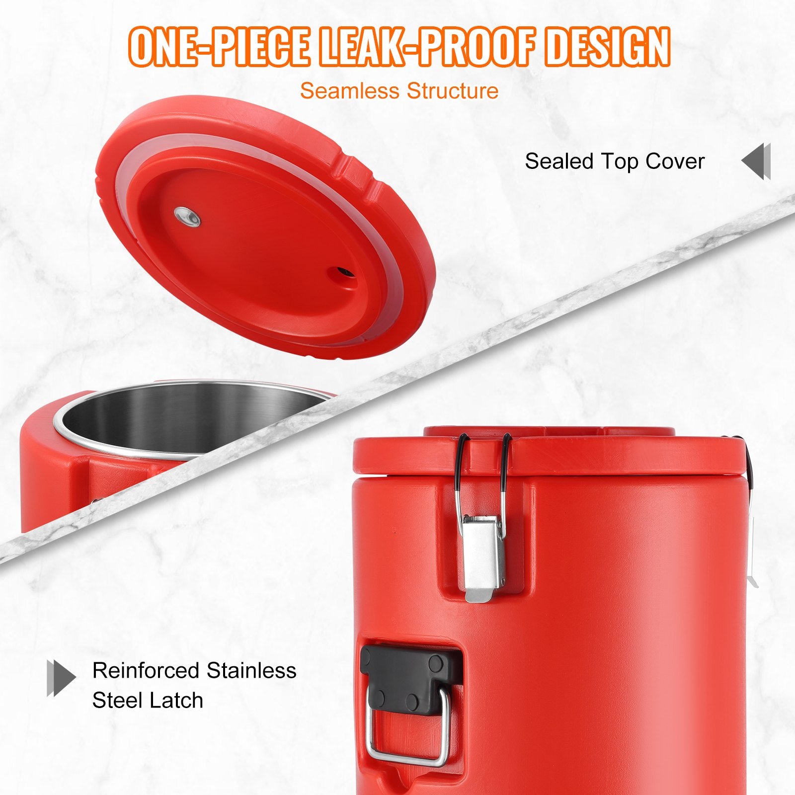 Red container with密封盖和不锈钢锁, highlighting leak-proof design.