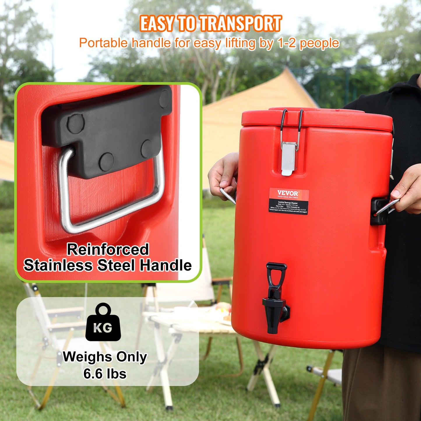 Red cooler with reinforced stainless steel handle being held outdoors, emphasizing ease of transport.