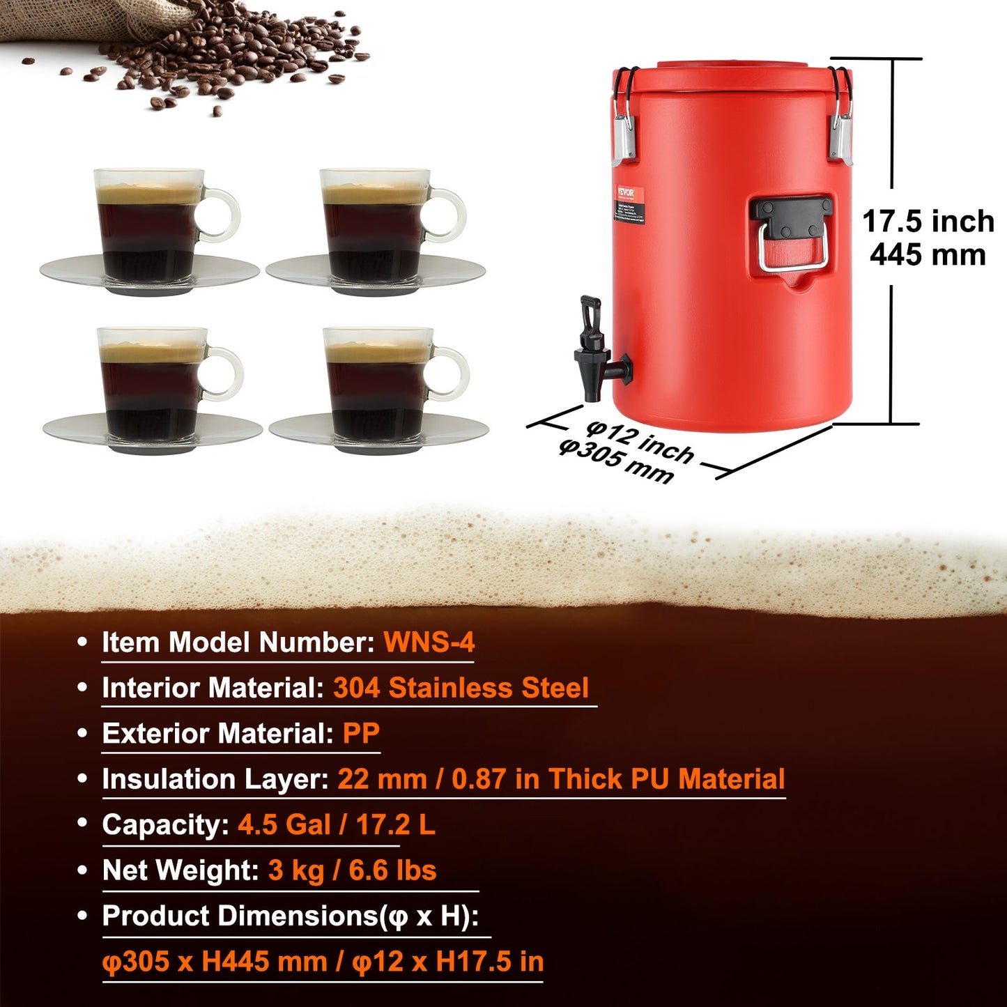 Red coffee urn with coffee cups and coffee beans, showing product details and dimensions.