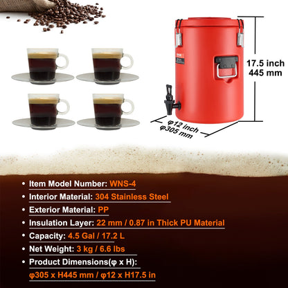 Red coffee urn with coffee cups and coffee beans, showing product details and dimensions.