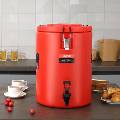 Red Vevor coffee urn on a kitchen counter with coffee cups and food items.