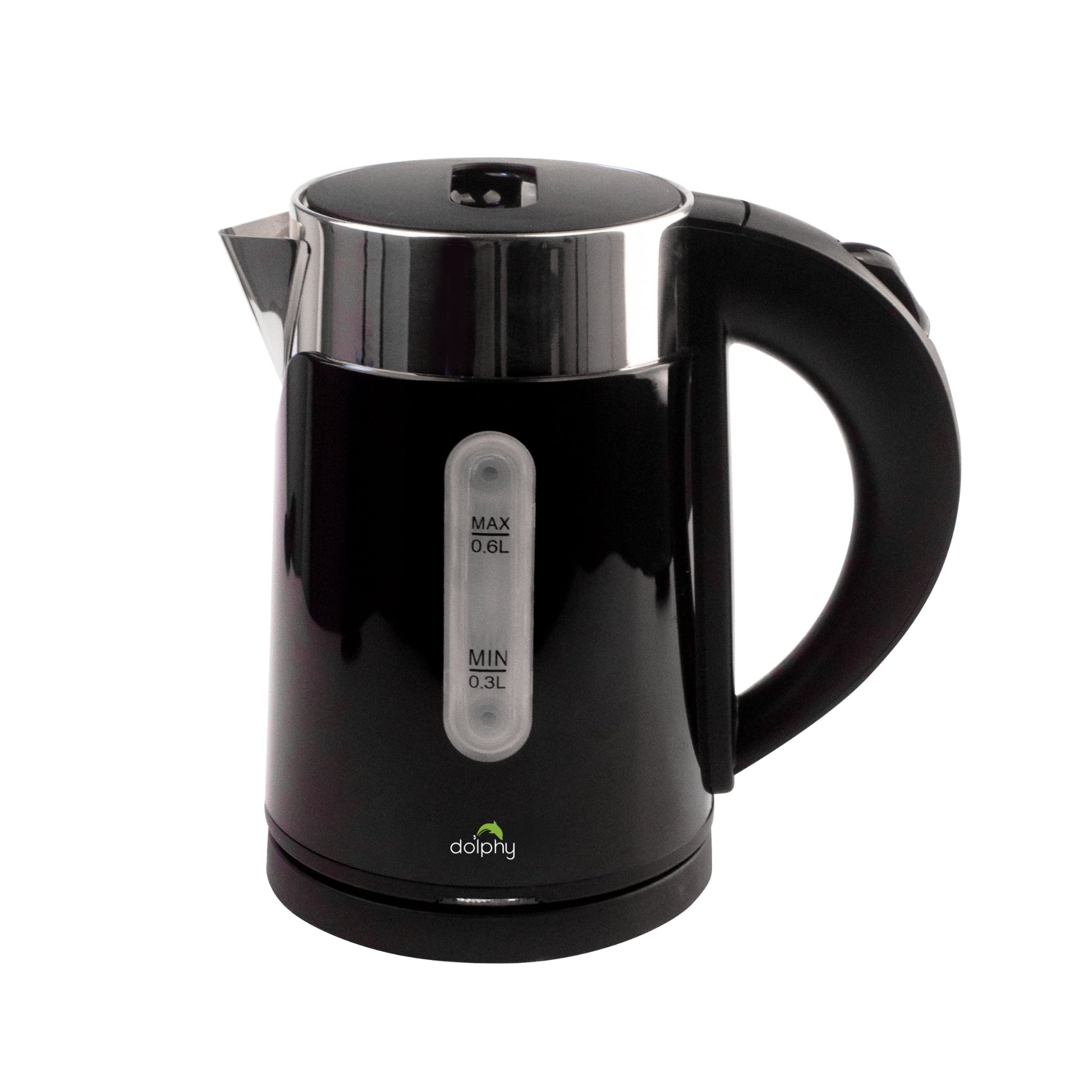 Black electric kettle with visible brand logo on a white background