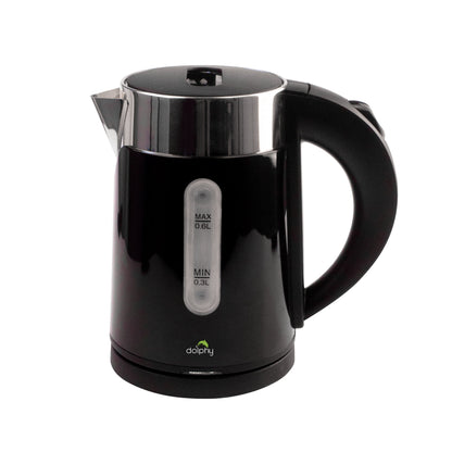 Black electric kettle with visible brand logo on a white background