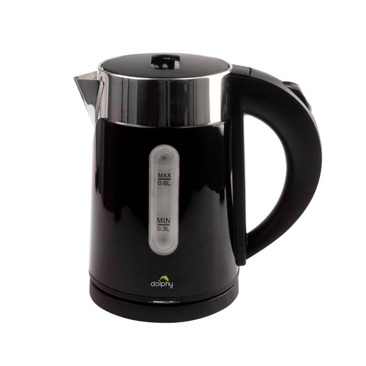 Black electric kettle with visible brand logo on a white background