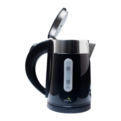 Black electric kettle with a silver lid on a white background