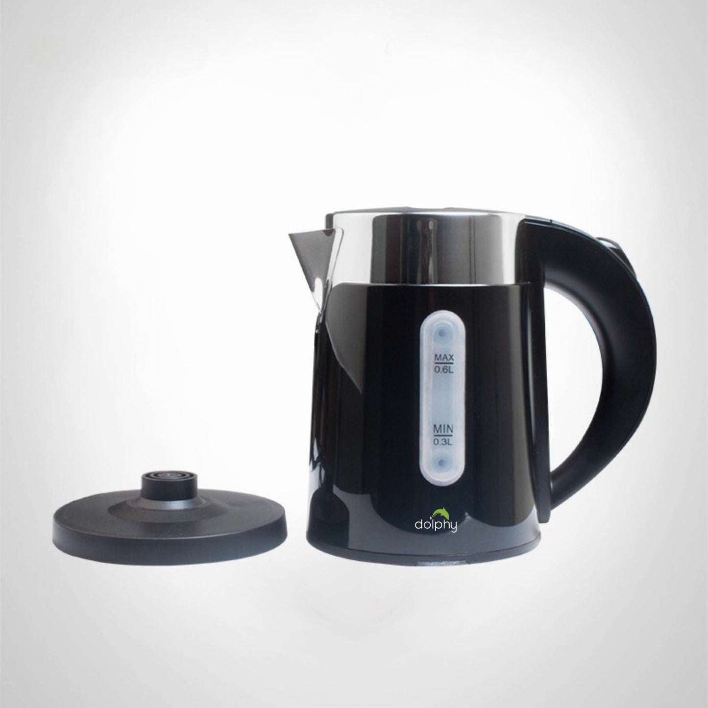 Black electric kettle with a white label on a light gray background