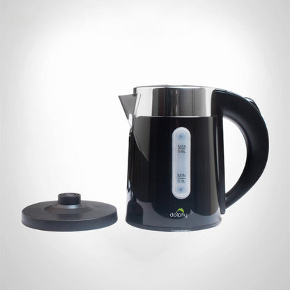 Black electric kettle with a white label on a light gray background