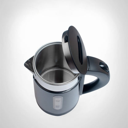 Stainless steel electric kettle with black handle and lid on a light gray background