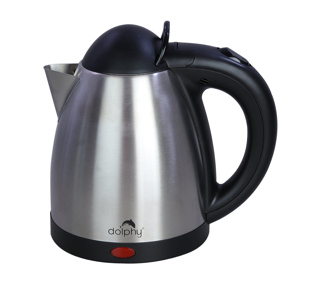 Silver electric kettle with black handle on a white background