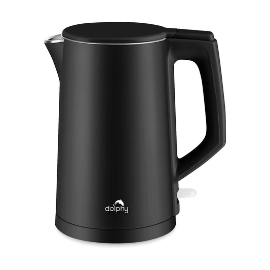 Black electric kettle with a visible brand logo on a white background