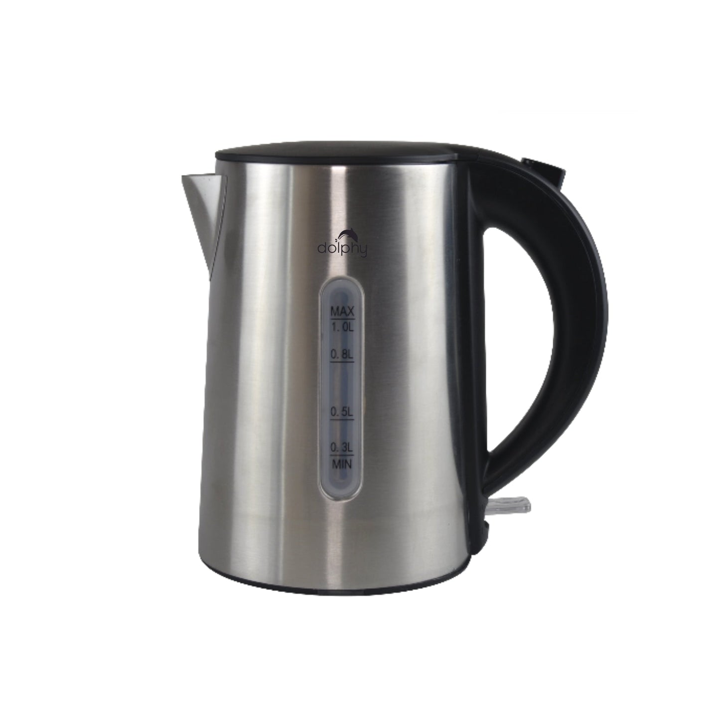 Stainless steel electric kettle with black handle on a white background