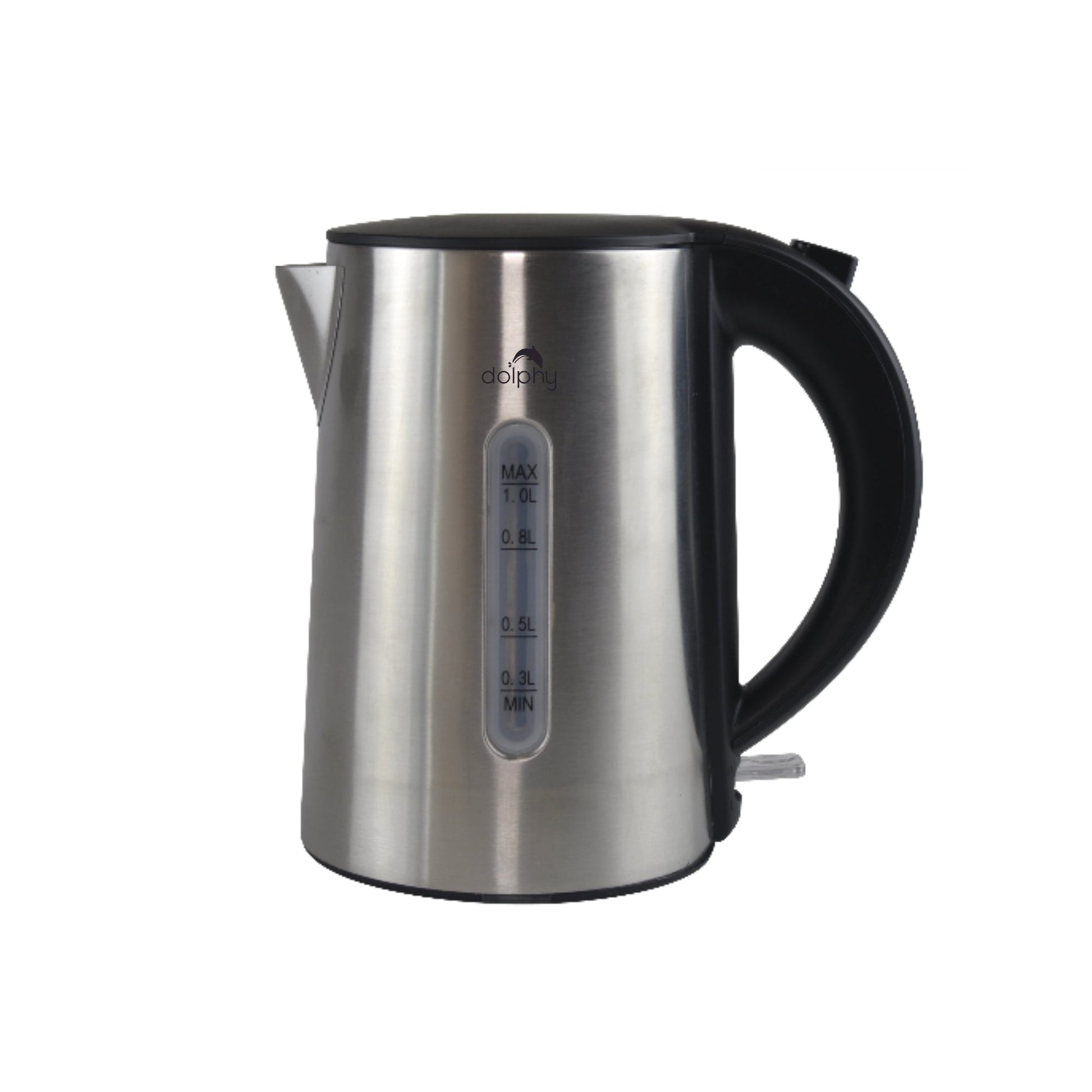 Stainless steel electric kettle with black handle on a white background