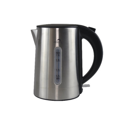 Stainless steel electric kettle with black handle on a white background