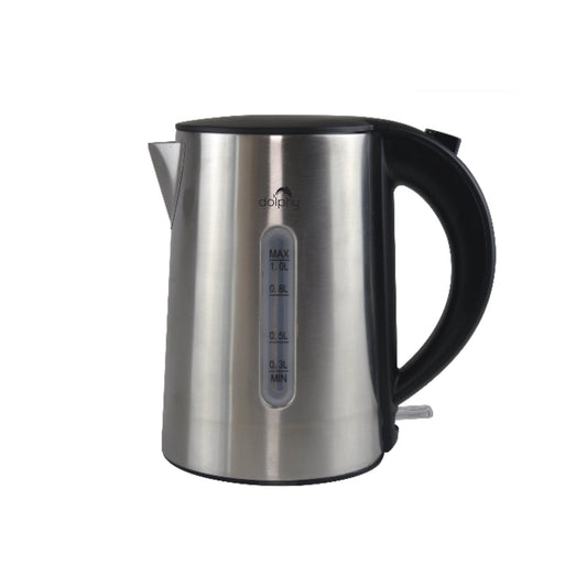 Stainless steel electric kettle with black handle on a white background