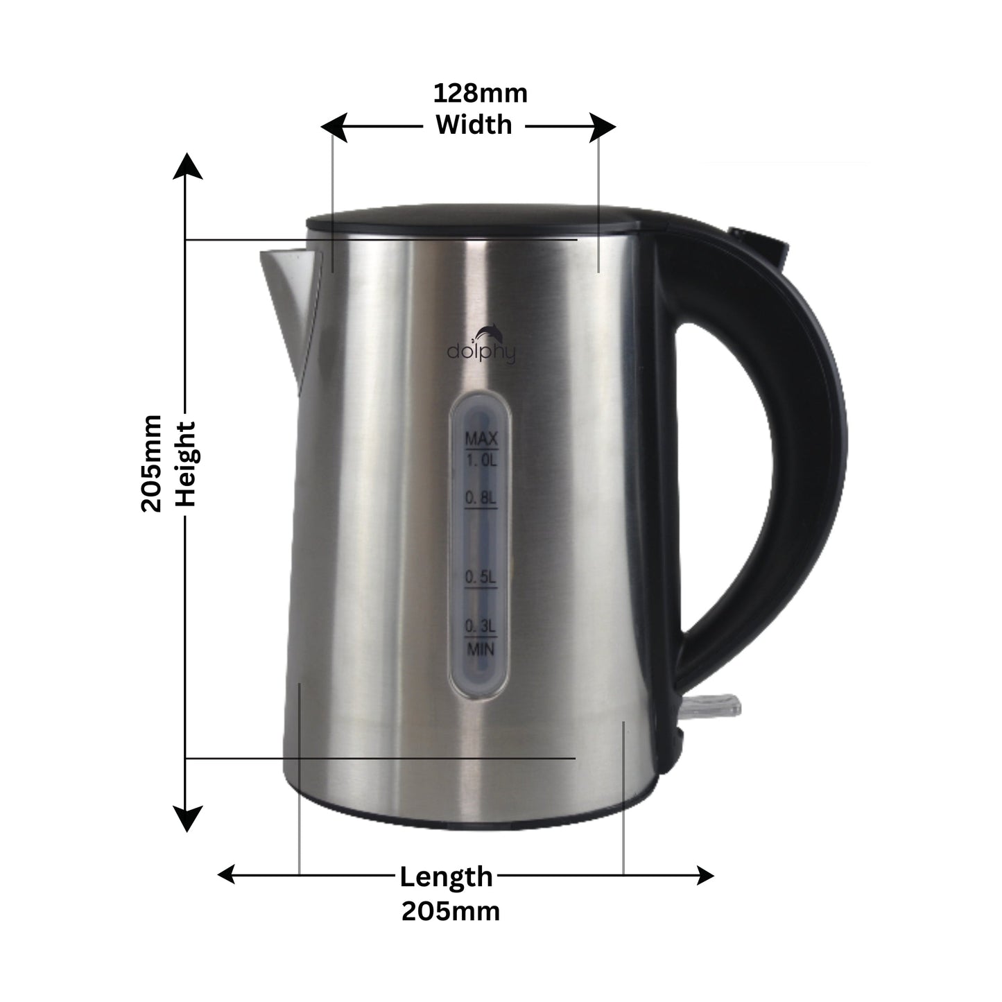 Stainless steel kettle with dimensions labeled on a white background