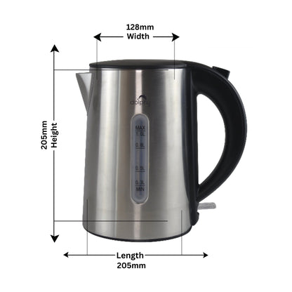 Stainless steel kettle with dimensions labeled on a white background