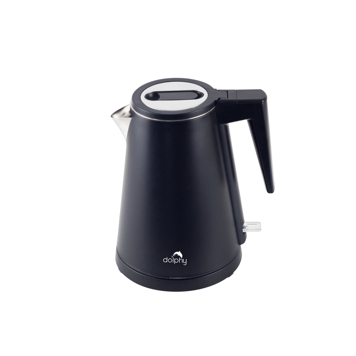 Black electric kettle with a white logo on a white background
