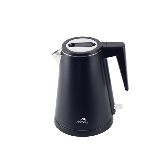 Black electric kettle with a white logo on a white background