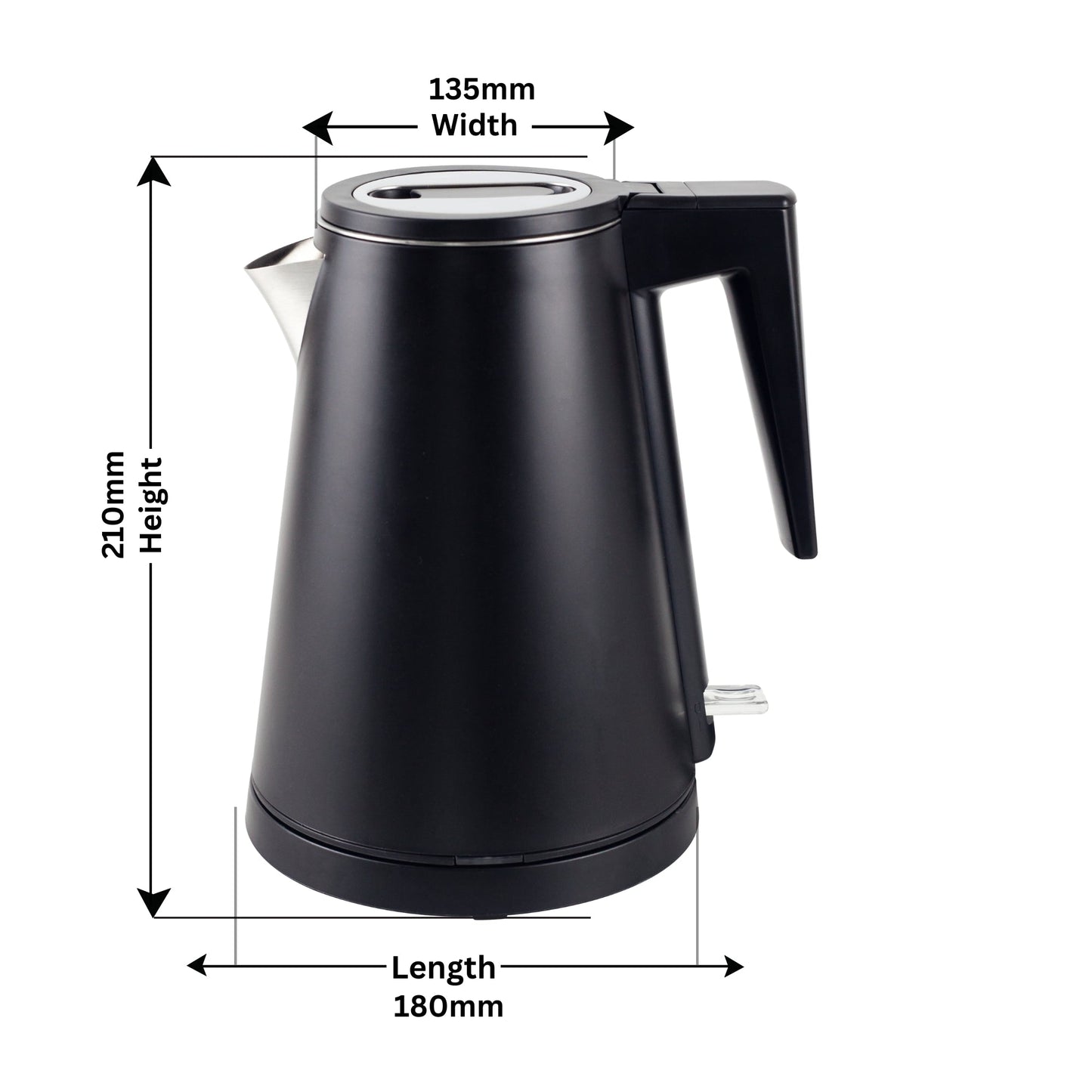 Black electric kettle with measurements on a white background