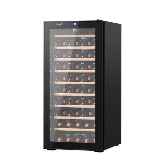 Black wine cooler with glass door displaying wine bottles on a white background