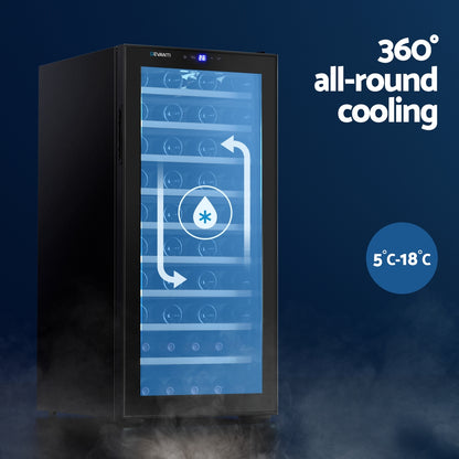 Black wine cooler with blue interior display on a dark blue background, featuring '360° all-round cooling' text.