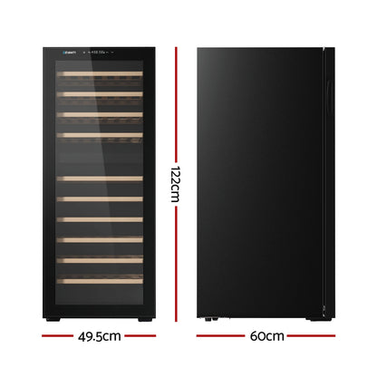 Black wine cooler with dimensions labeled on a white background