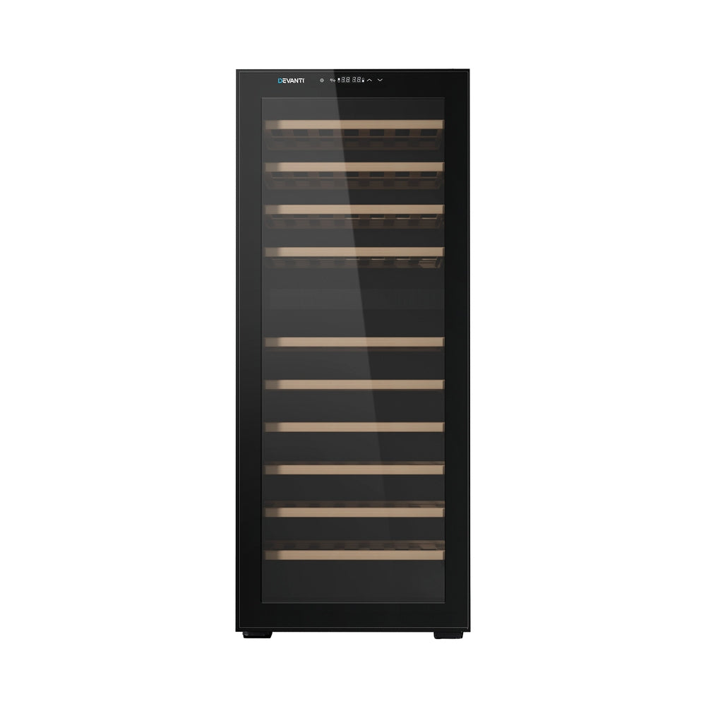 Black wine cooler with glass door on a white background