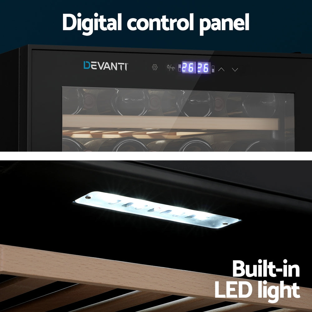 Devanti wine cooler with digital control panel and built-in LED light.