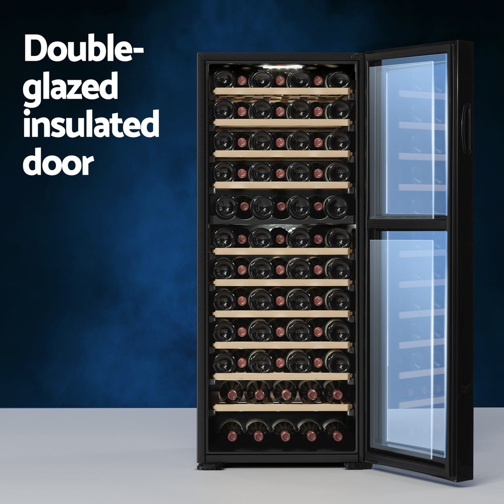 Wine cooler with double-glazed insulated door on a blue background
