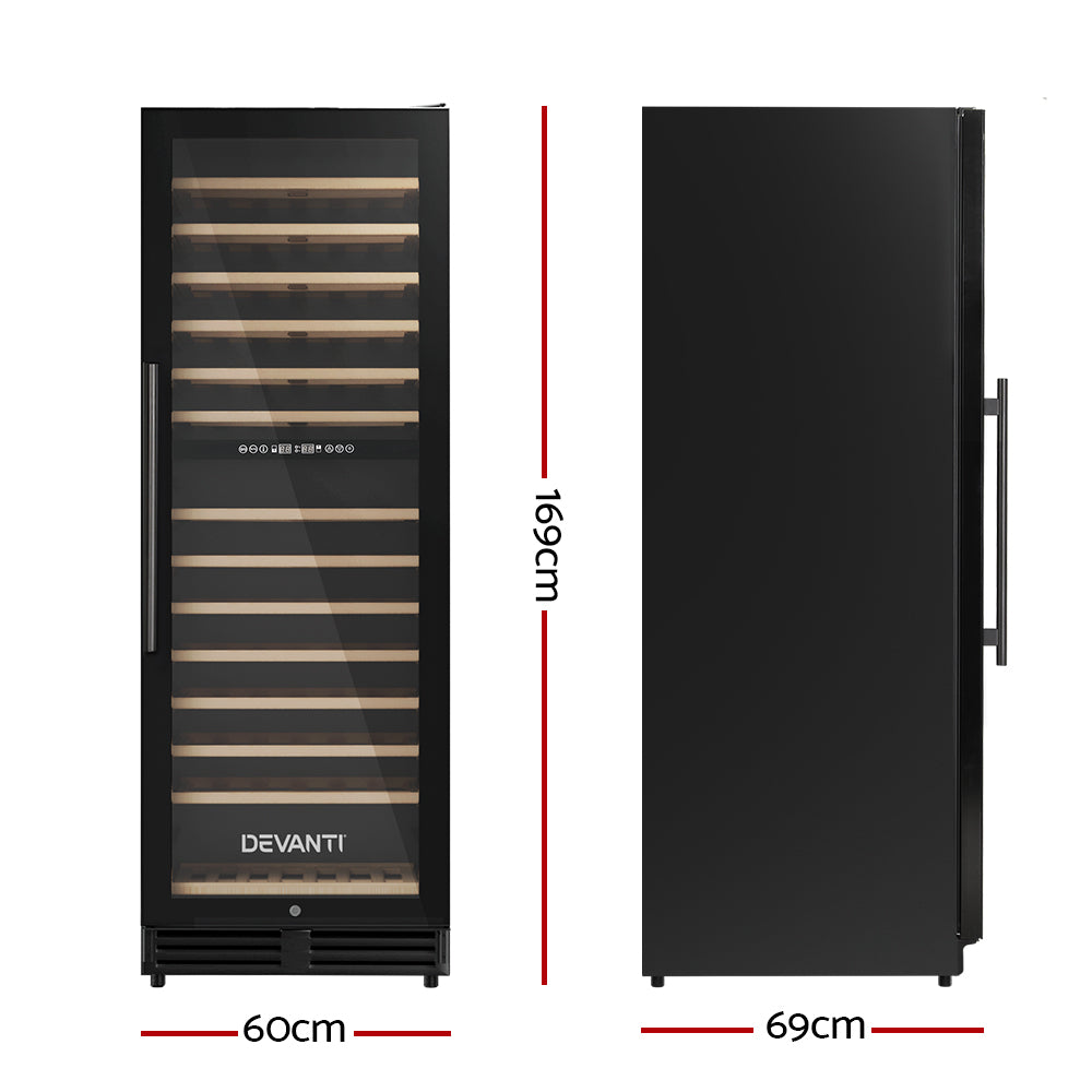 Black Devanti wine cooler with dimensions on a white background