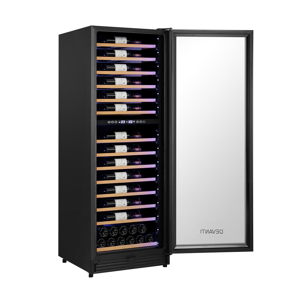 Wine cooler with open door displaying wine bottles inside, on a white background.