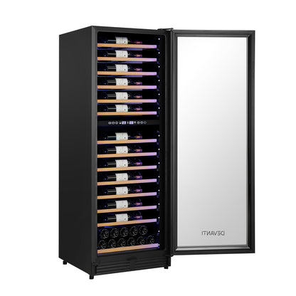 Wine cooler with open door displaying wine bottles inside, on a white background.