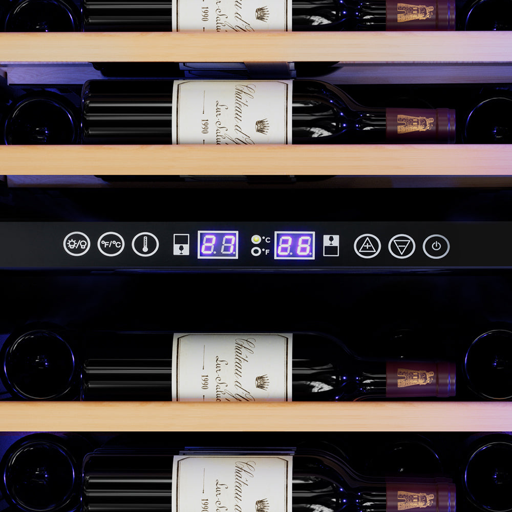 Wine bottles in a modern wine cooler with digital temperature display.