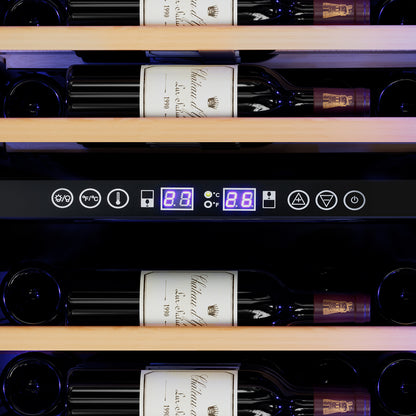 Wine bottles in a modern wine cooler with digital temperature display.